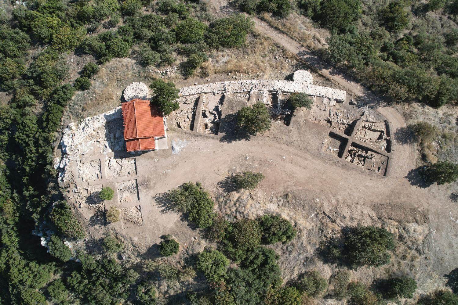 Aerial photograph of the archaeological site and the Holy Church of Zoodochos Pigi.