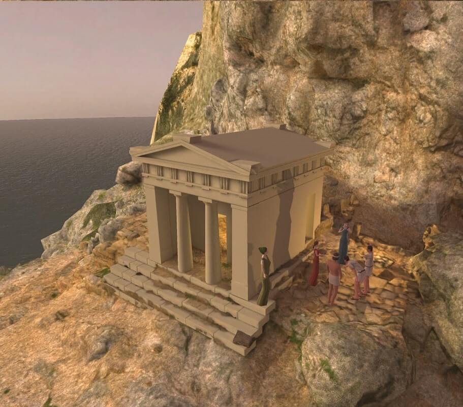 Virtual Representation of the Temple of the Goddess Demeter of the 5th century BC during the Thesmophoria ceremonies. The priestesses are depicted in the altar area. (The temple plans are by Angelos Nakasis, the archaeological evidence by Elpida Hatzidaki, the image representation, processing and expenditure from Professor Gunnar Liestol, Department of Media and Communication, University of Oslo, Norway).