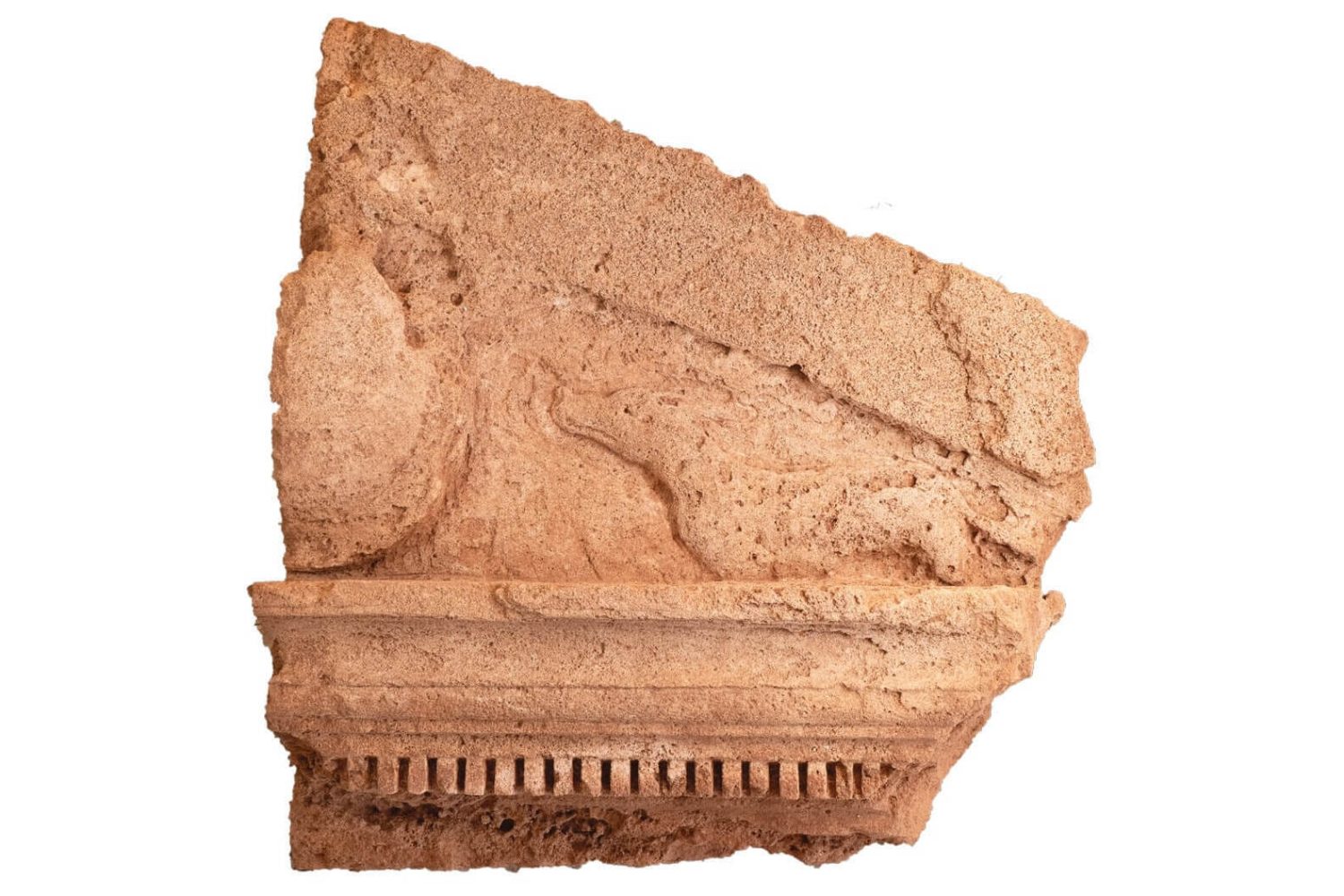 Part of a pediment with a relief representation of a dog (Cretan tracker) and a shield, possibly originating from the fortified gate of the harbor (2nd century BC).